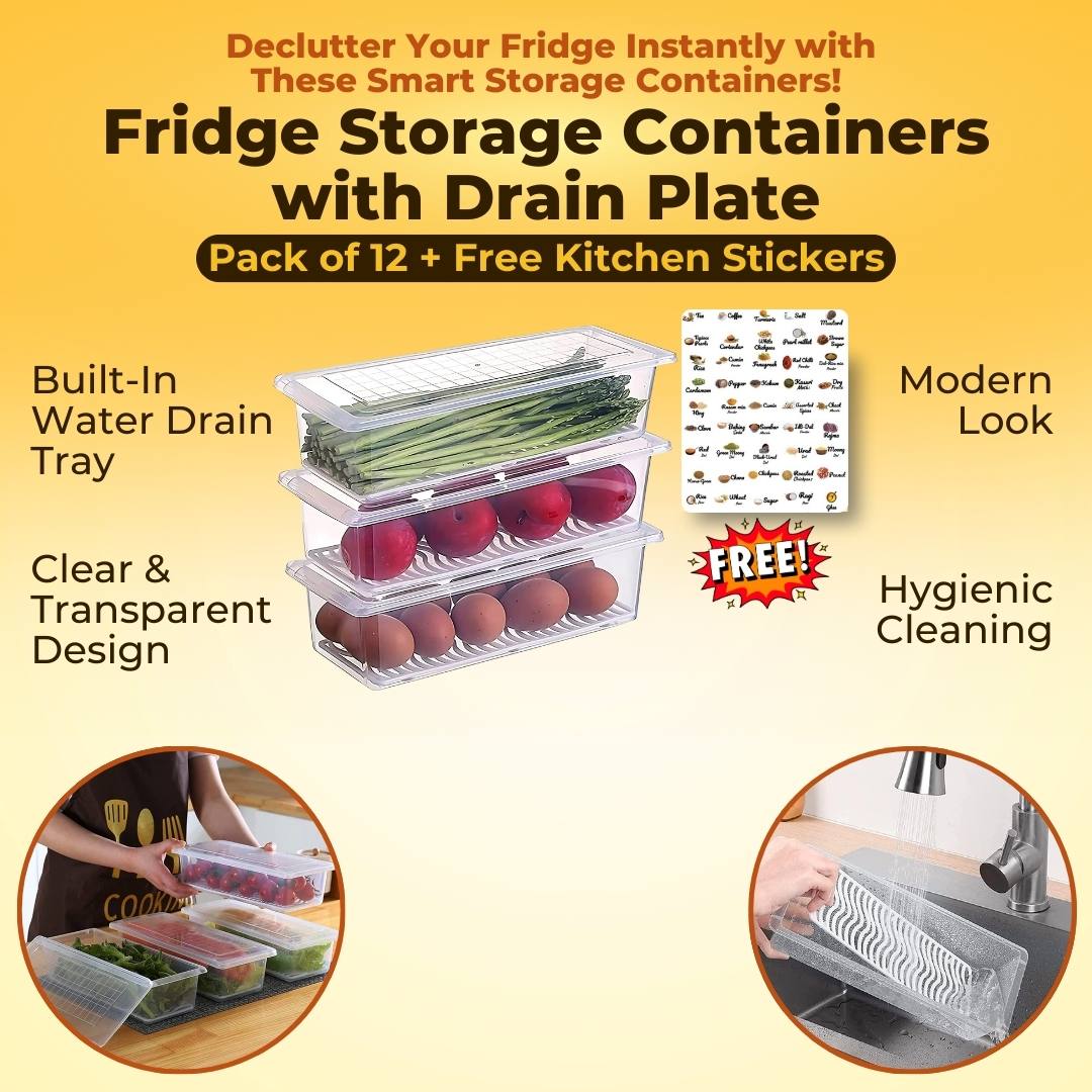 Fridge Storage Container with Drain Plate with Free Kitchen Stickers - Image 2