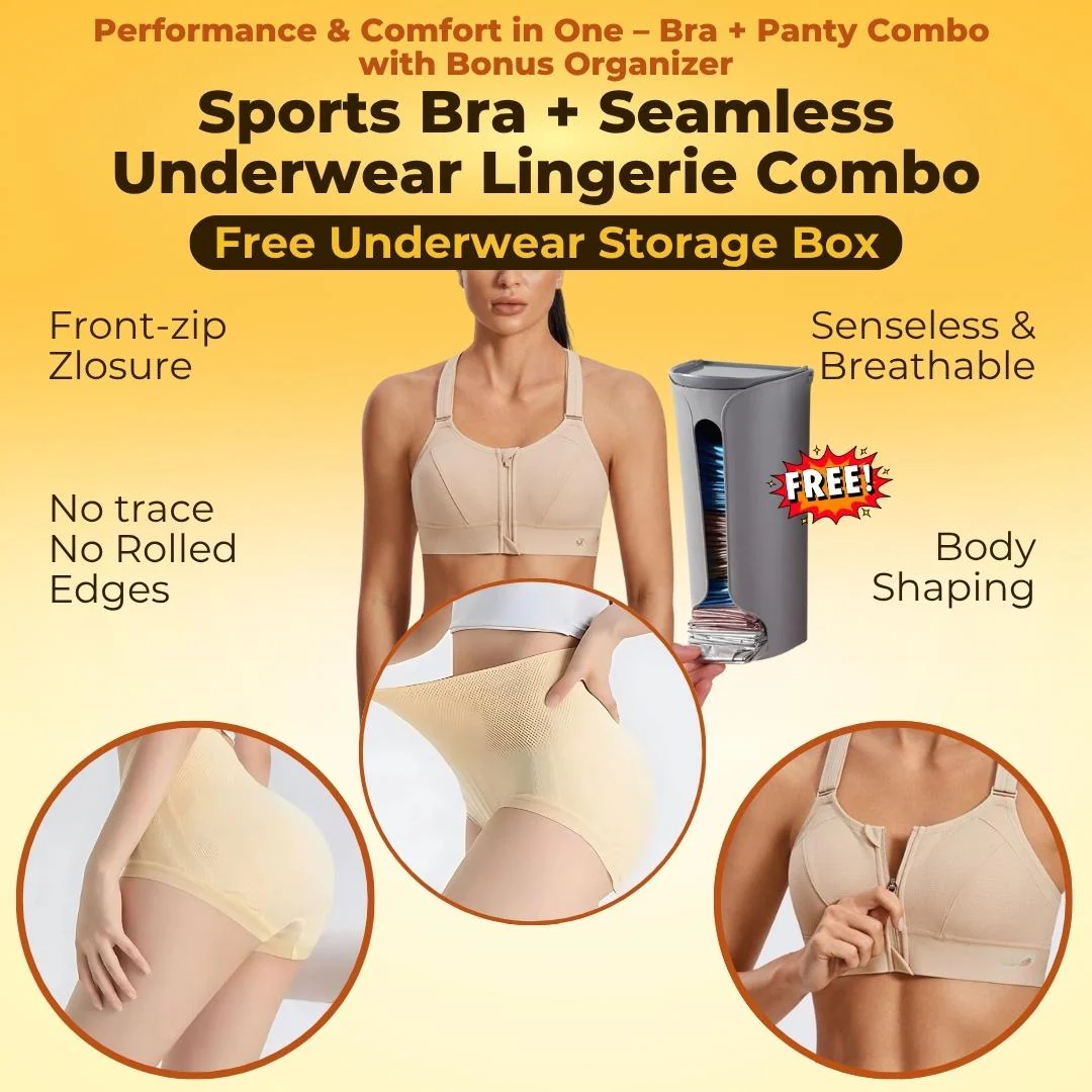 Zip Up Sports Bra and Seamless Underwear Same Color Lingerie Combo With FREE Undergarment Storage Box