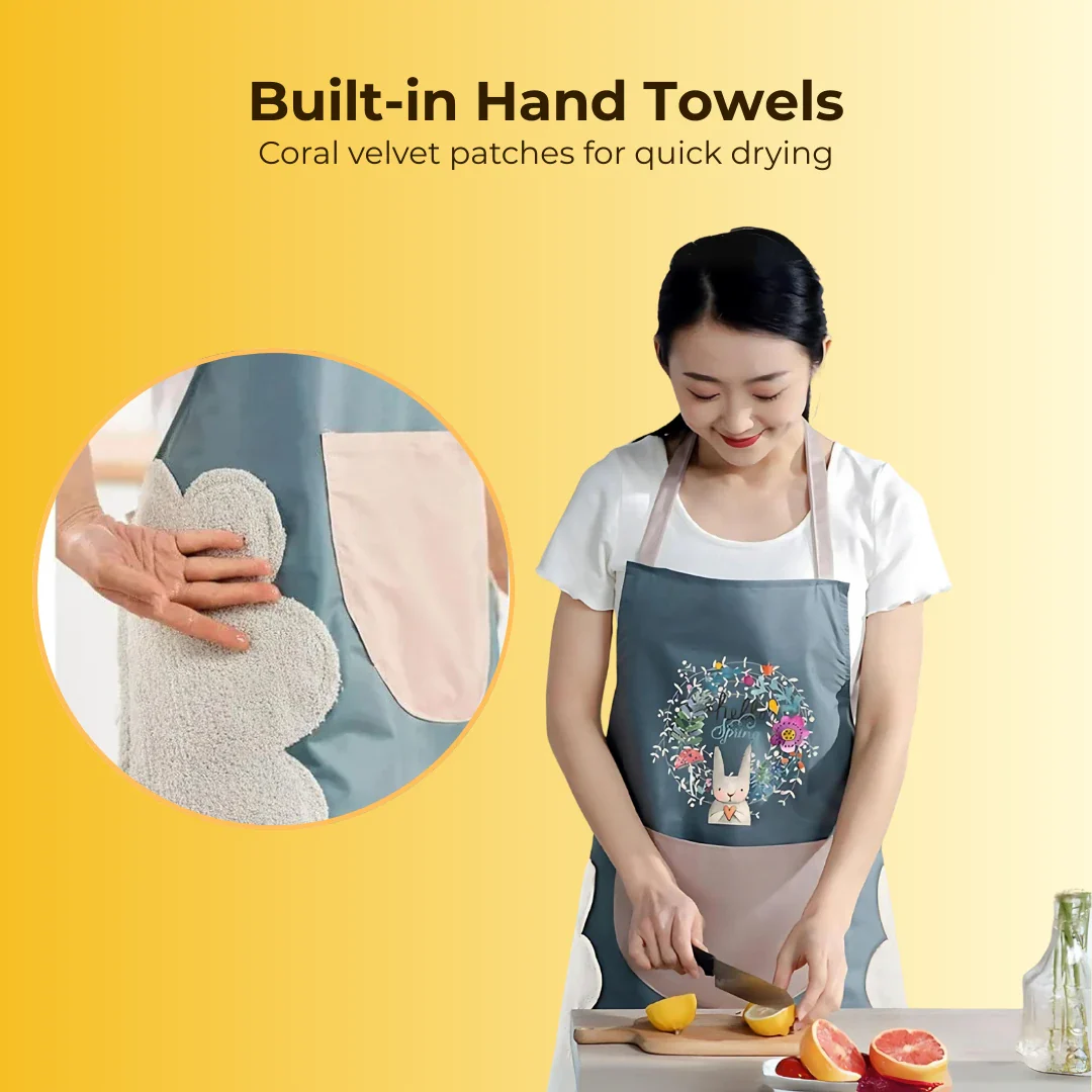 Waterproof Kitchen Apron with Front Pocket and Built-in Hand Towels - Adjustable Free Size - Image 3
